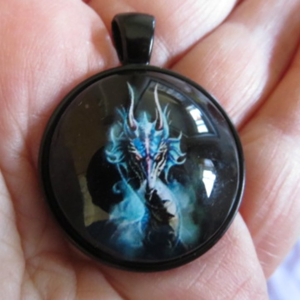 Blue DRAGON on Black Chain Included Pendant Necklace (K230)